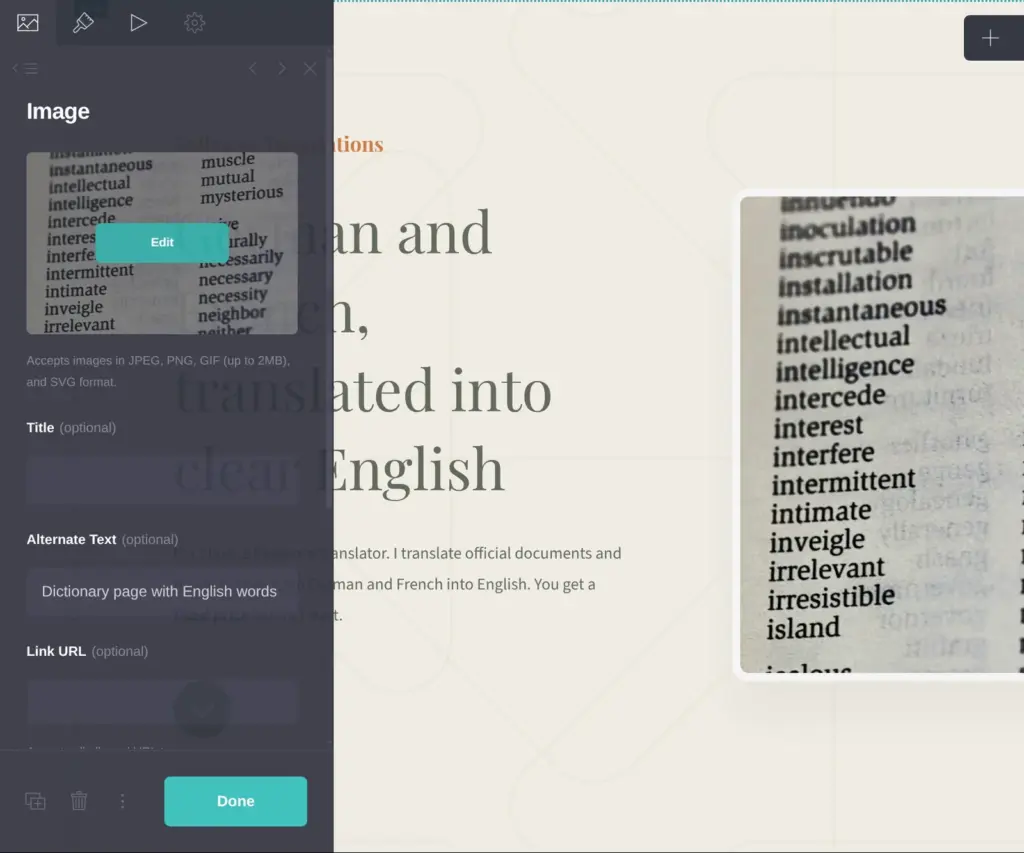 The description for screen readers in the photo settings, in Carrd