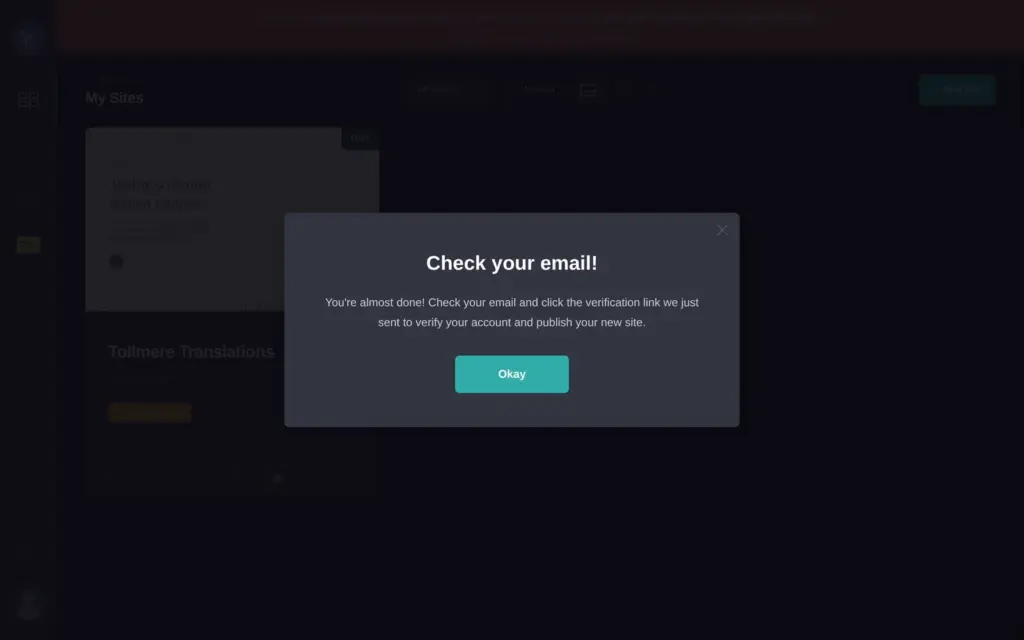 Carrd asks you to verify your email address before you can publish
