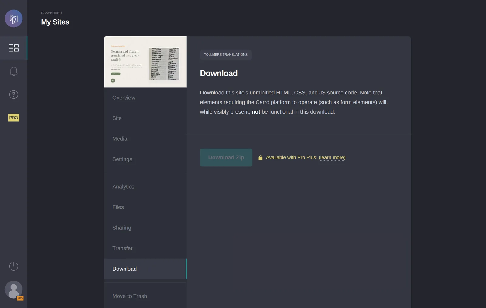 The site download needs Pro Plus, in Carrd