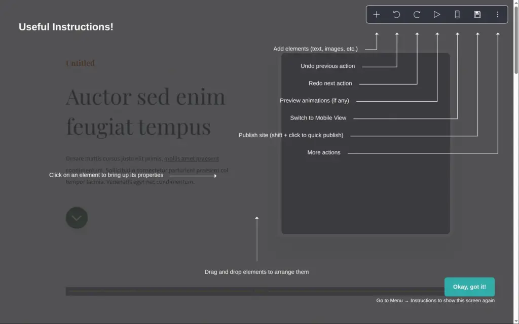 The short guide that opens with the editor, in Carrd