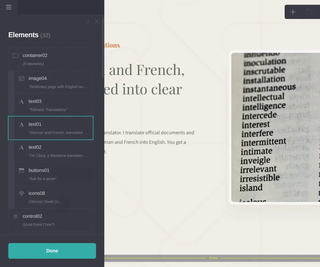 Carrd counts 32 elements on the finished page