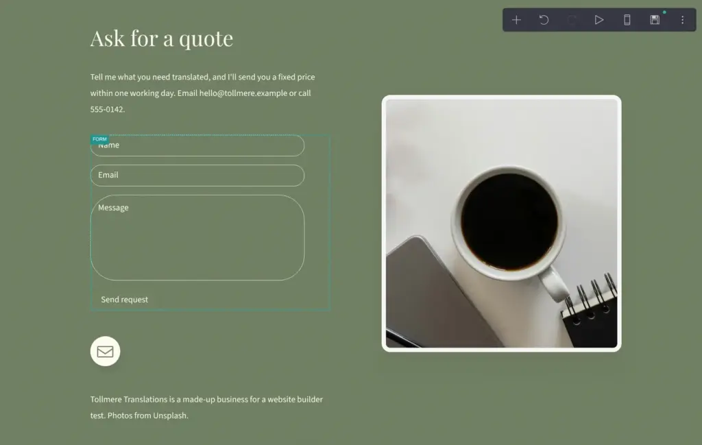 The new contact form in the editor, in Carrd