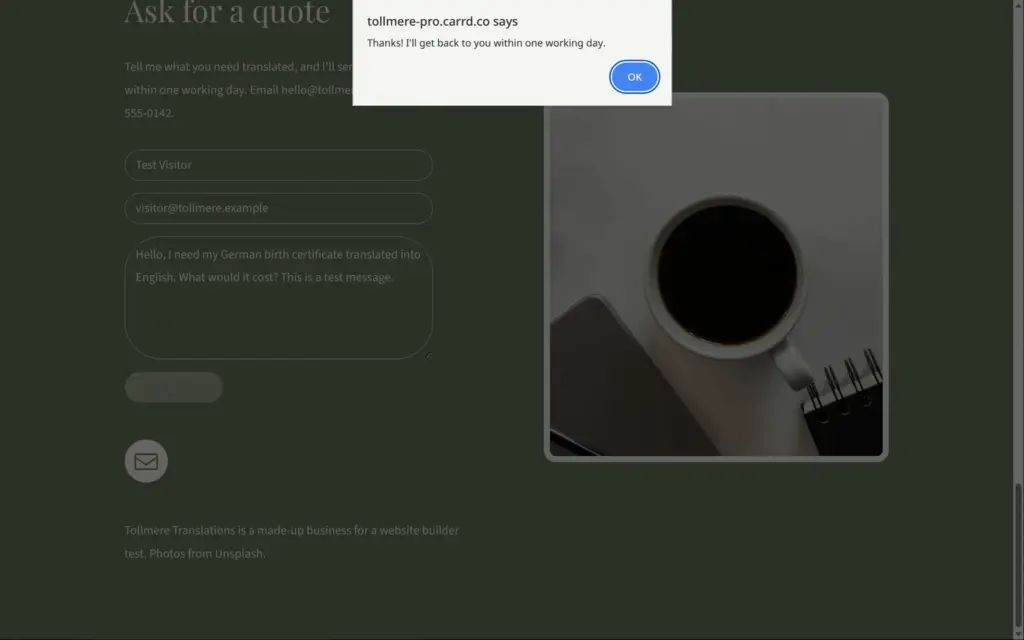 The thank-you message after sending the form, in Carrd