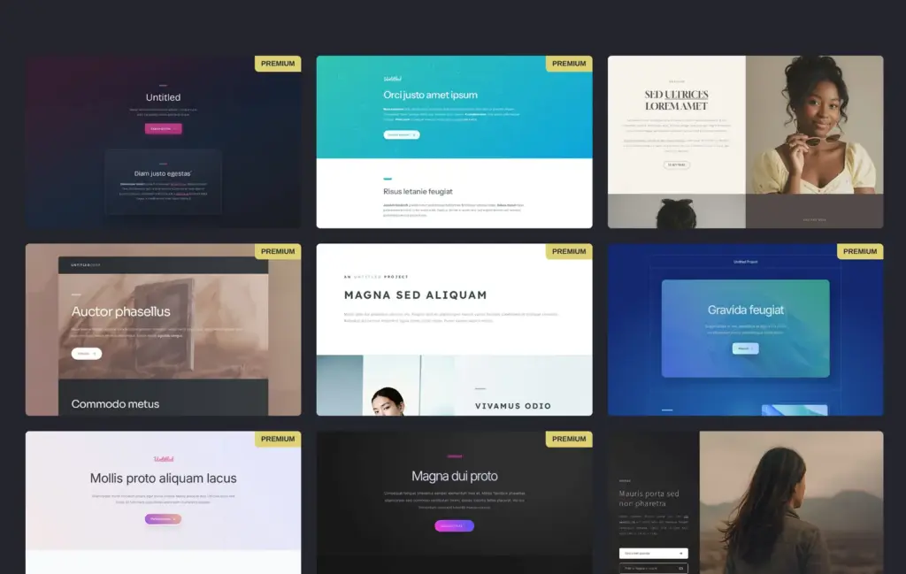 Landing templates in Carrd's gallery. Many are marked Premium.