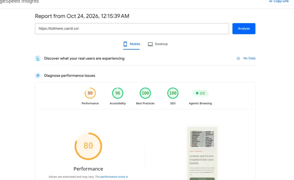 PageSpeed Insights on a simulated phone