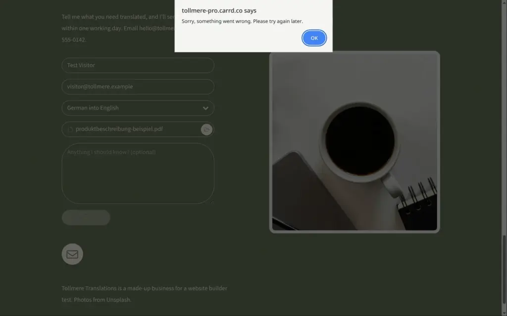 Without Stripe keys, visitors only see a general error, in Carrd