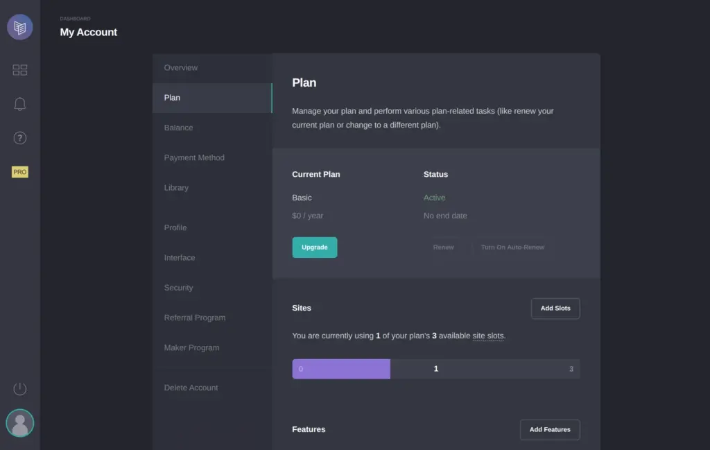 The free plan in the account settings, with 1 of 3 sites in use, in Carrd