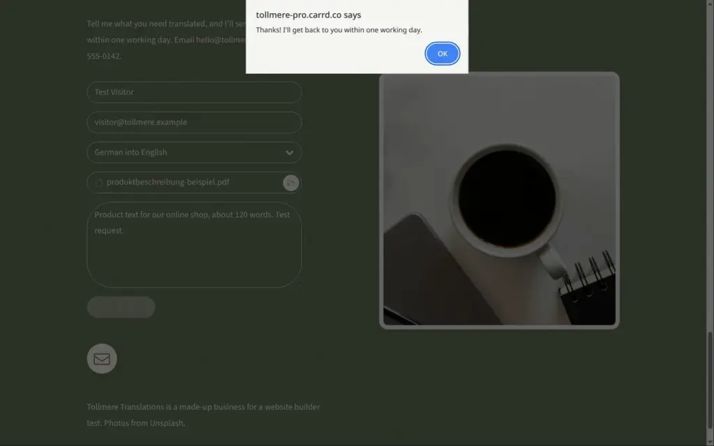 The quote form reports success after a request with a PDF, in Carrd
