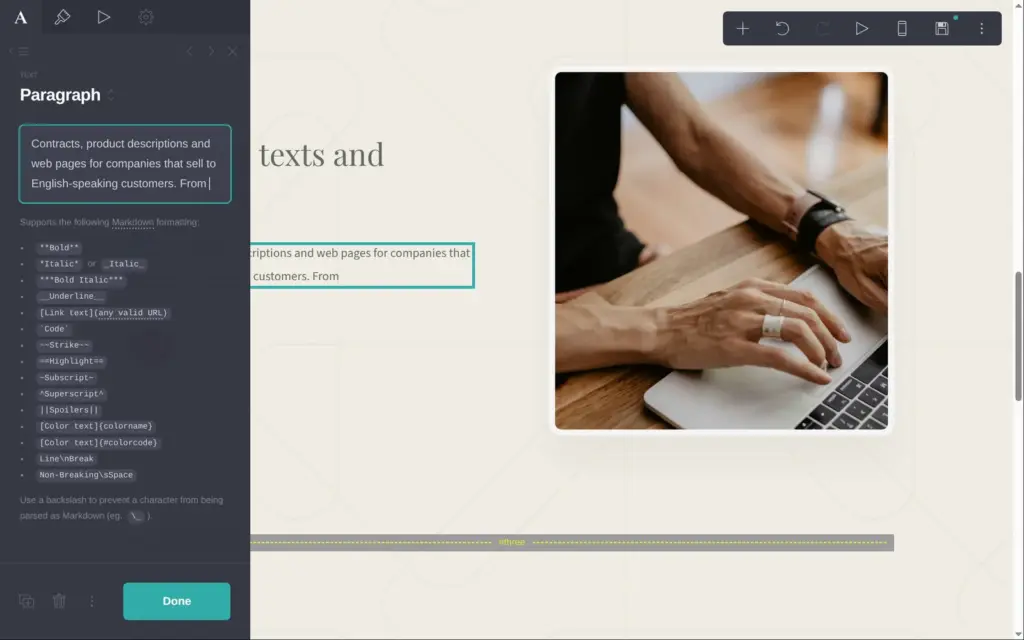 Editing the text of a service block, in Carrd