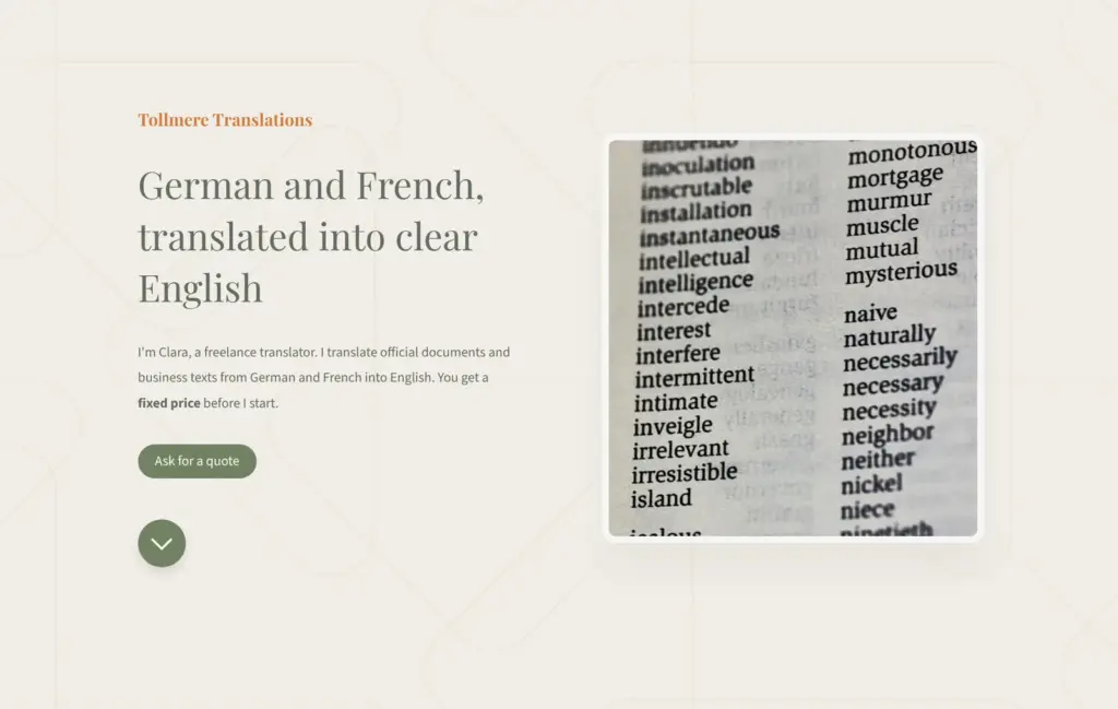 Demo site for a made-up translator, built with Carrd: the top of the translator site on a computer