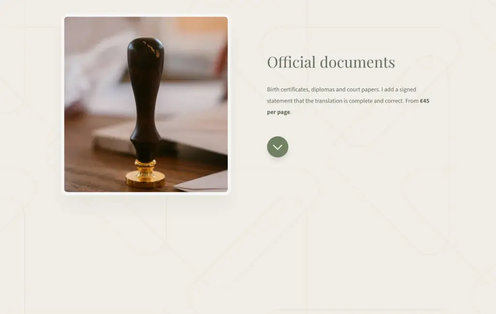 Demo site for a made-up translator, built with Carrd: the first service, official documents, with its price
