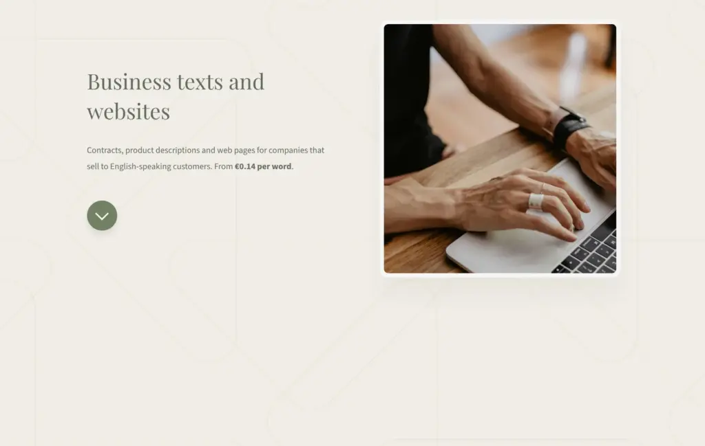 Demo site for a made-up translator, built with Carrd: the second service, business texts and websites