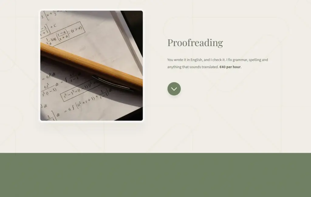 Demo site for a made-up translator, built with Carrd: the third service, proofreading