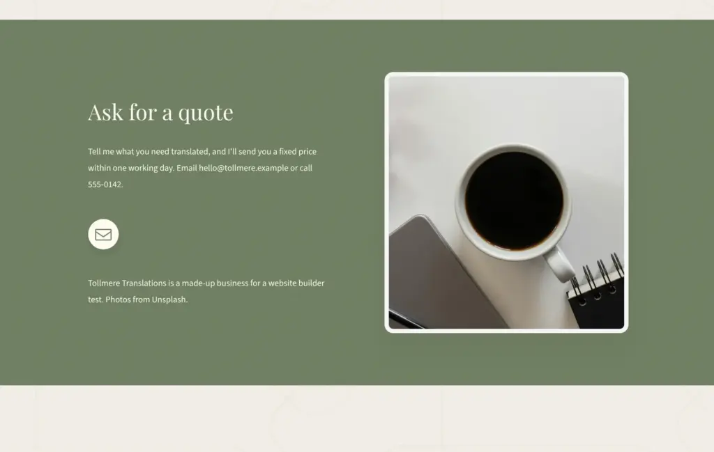 Demo site for a made-up translator, built with Carrd: the contact block at the end of the page