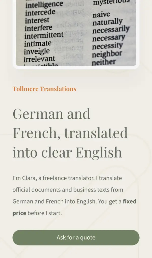Demo site for a made-up translator, built with Carrd: the top of the site on a phone