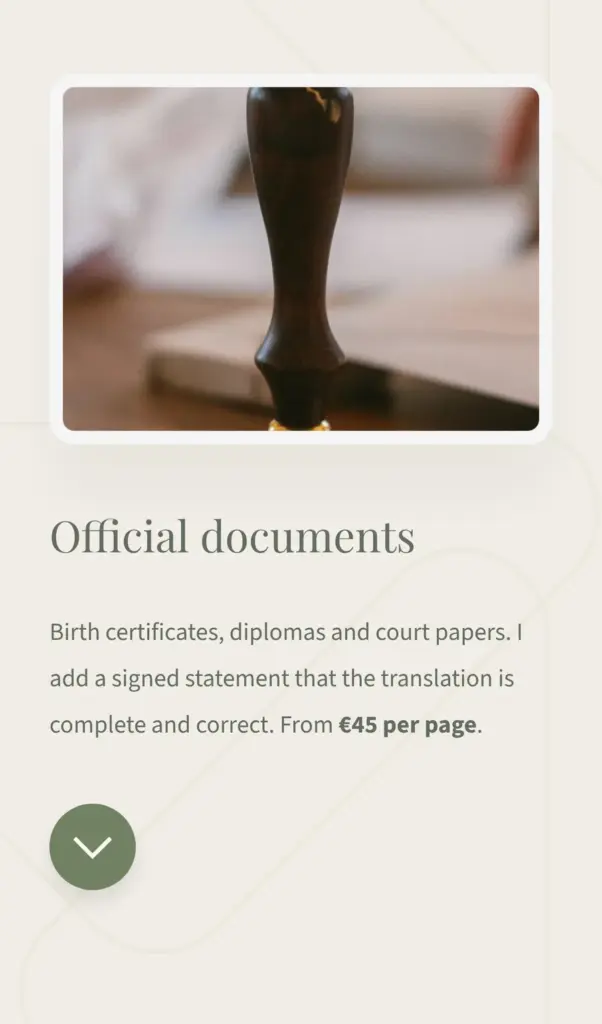 Demo site for a made-up translator, built with Carrd: official documents on a phone