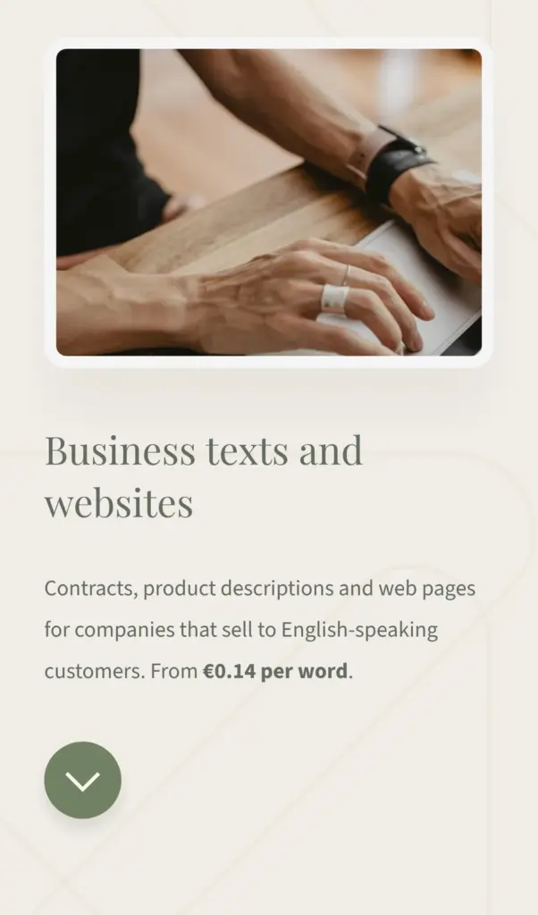 Demo site for a made-up translator, built with Carrd: business texts on a phone