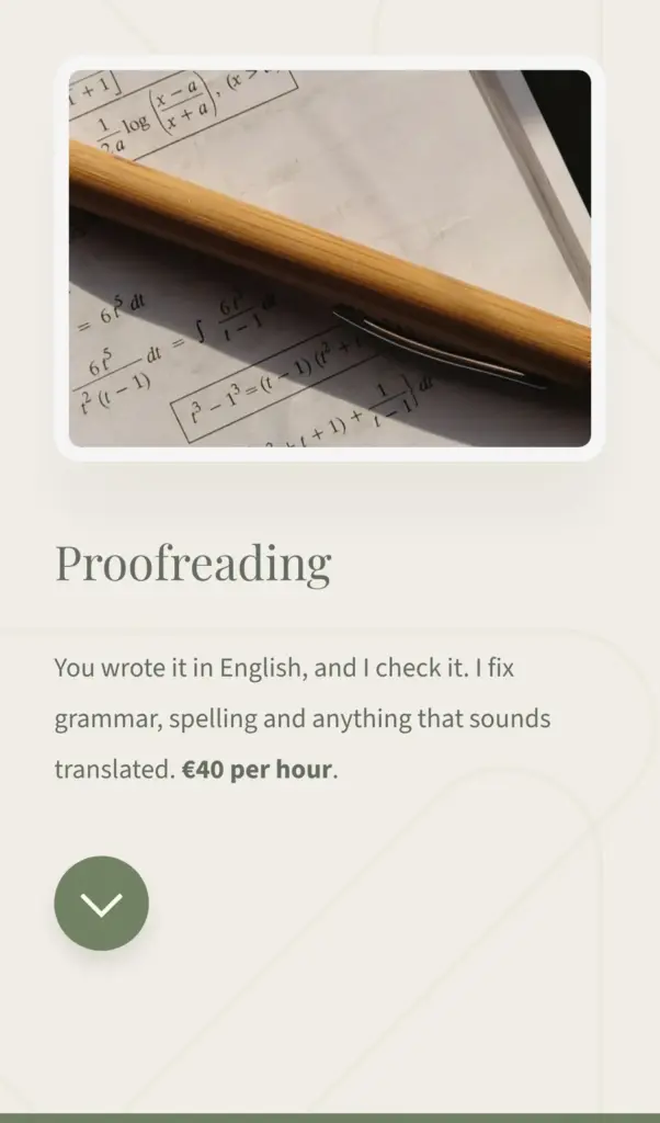 Demo site for a made-up translator, built with Carrd: proofreading on a phone