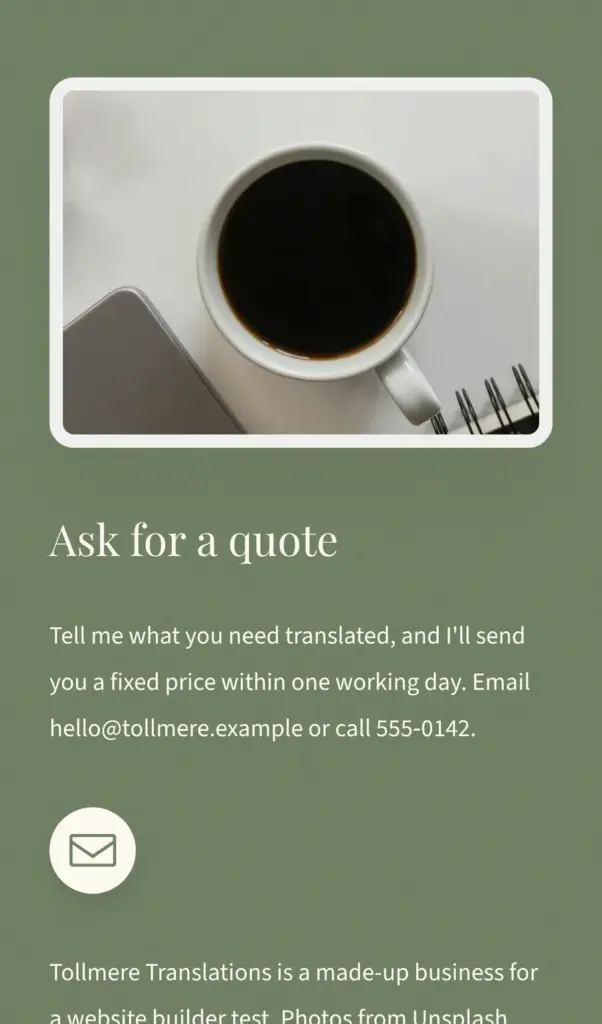 Demo site for a made-up translator, built with Carrd: the contact block on a phone