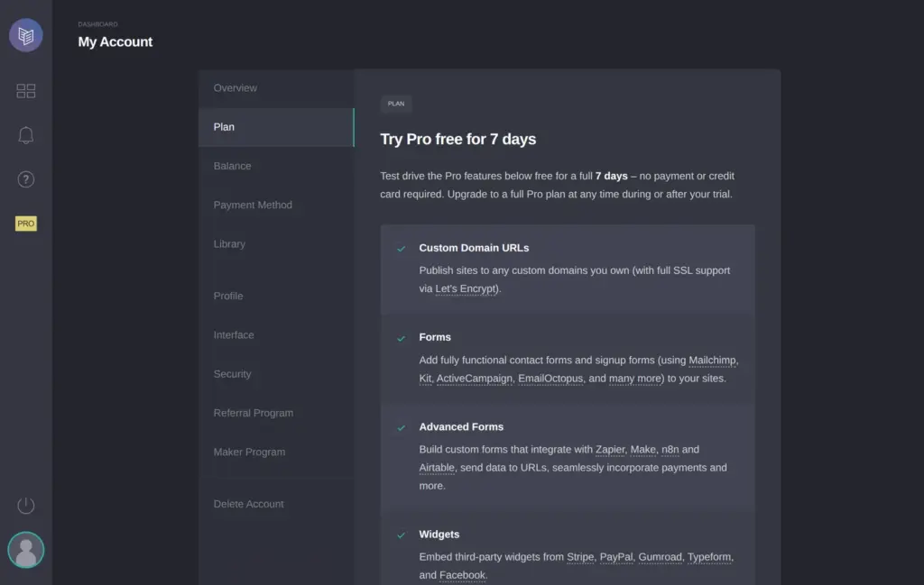 The page for the free 7-day Pro trial, in Carrd