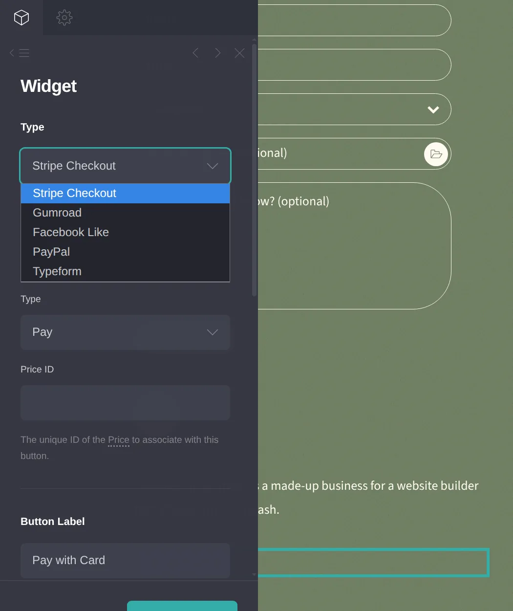 The types of the Widget element, in Carrd
