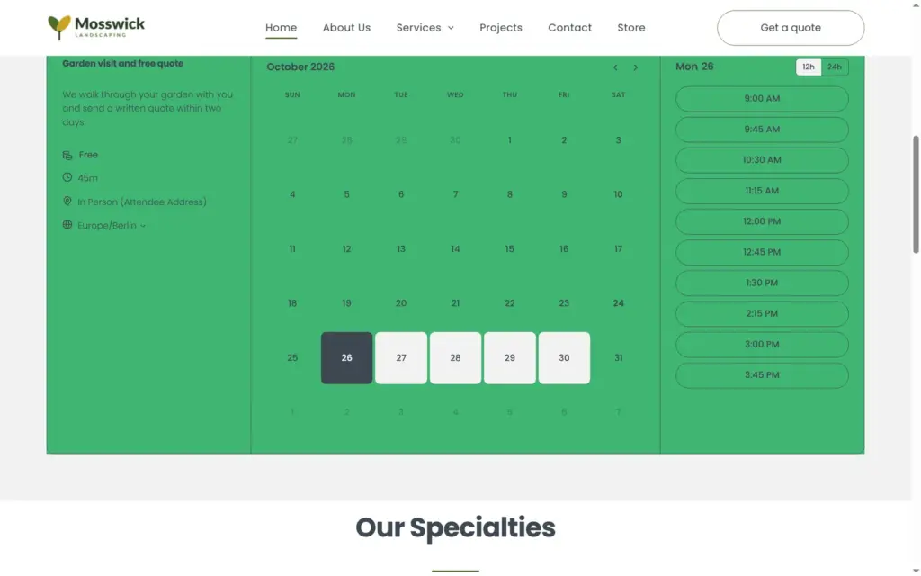 The booking calendar on the live home page