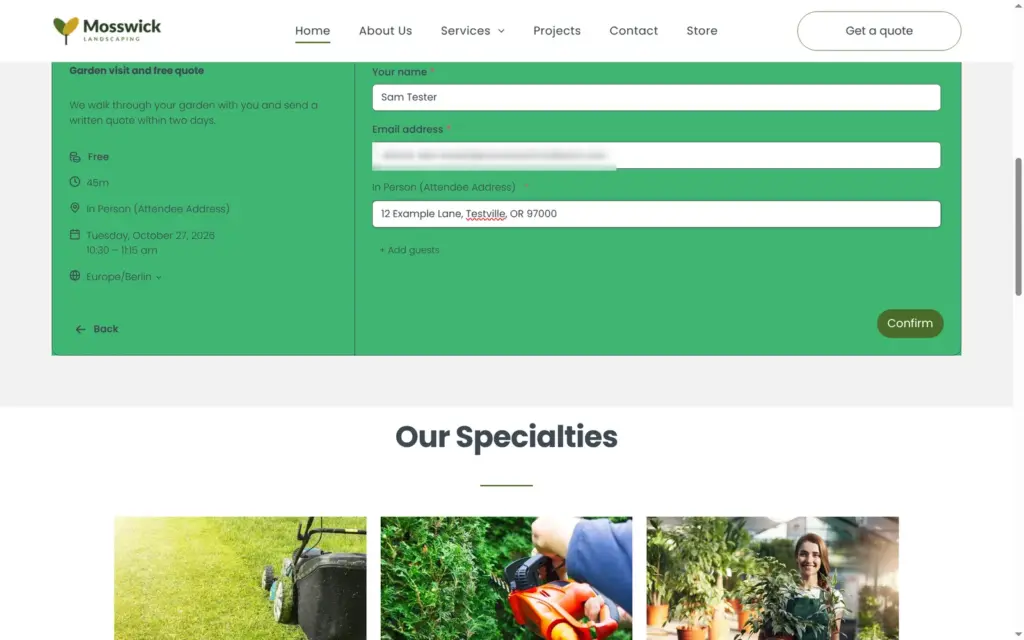 The booking form