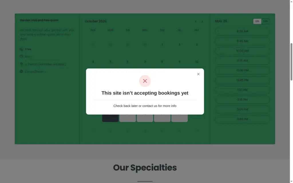 Booking calendar with the message This site isn't accepting bookings yet
