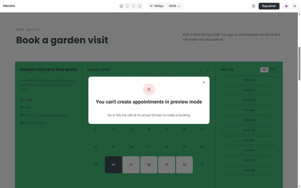 No bookings in preview mode either
