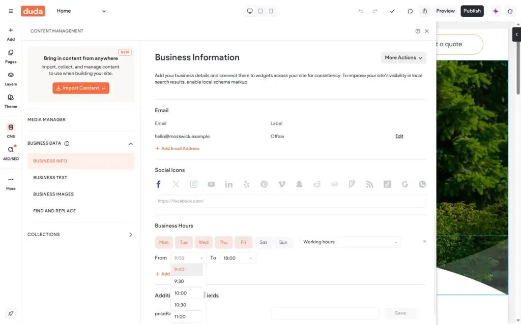 Contact details and opening hours in the content library