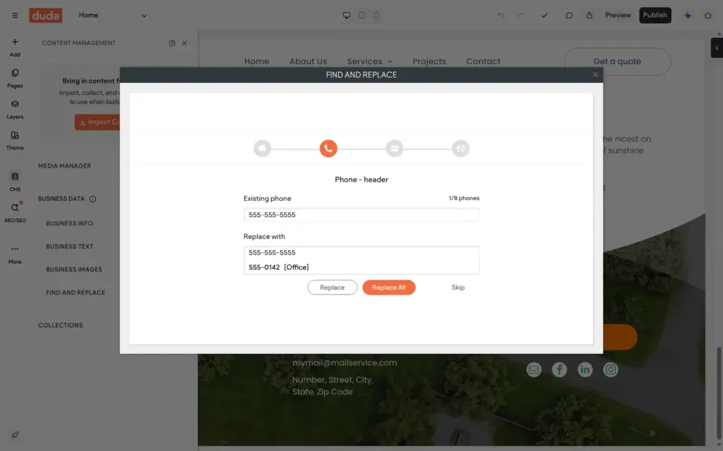 Find and Replace suggests the new phone number