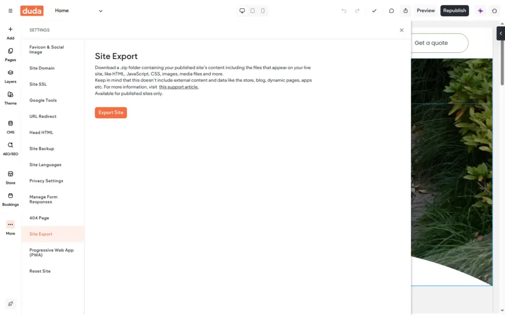 Site export in the settings