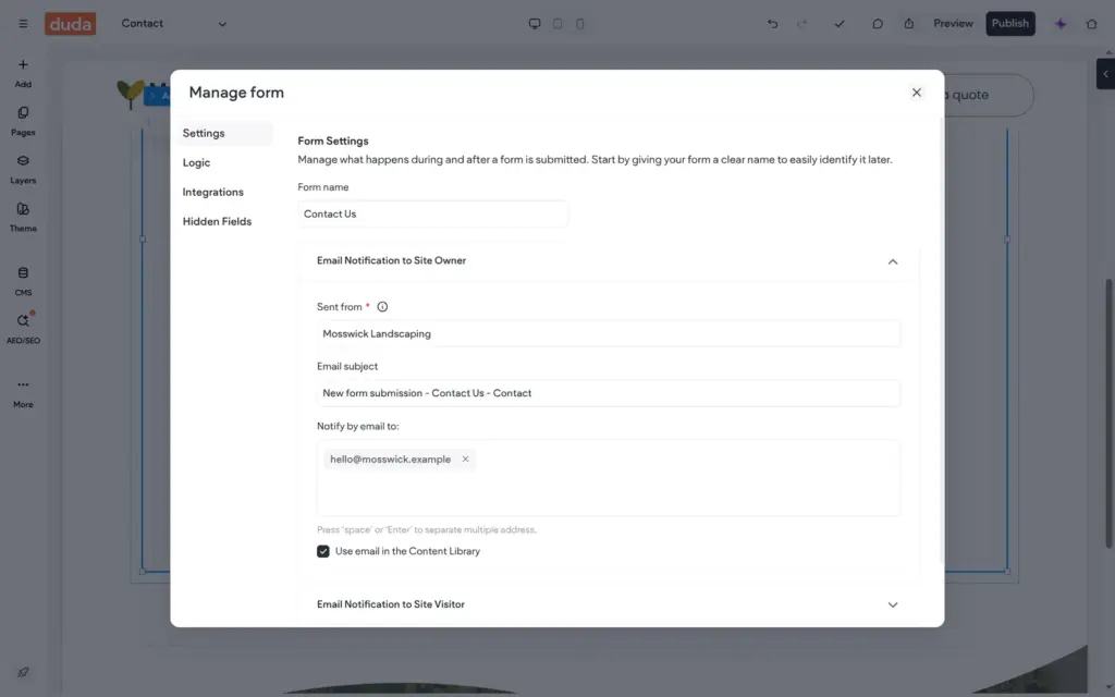 Form settings with the content library email address