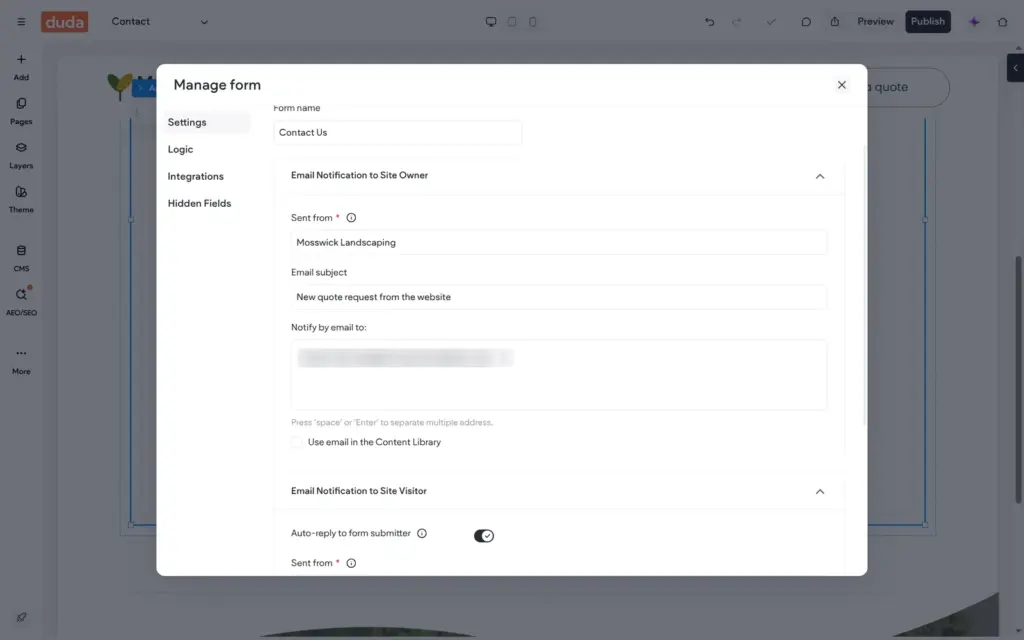 Notification email and automatic reply settings