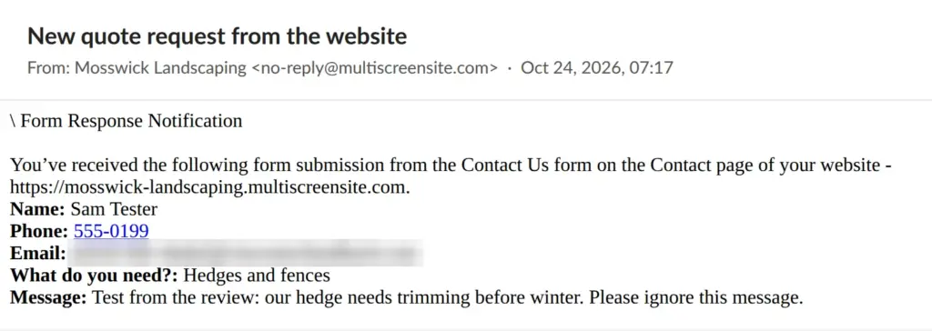 Email titled New quote request from the website, from Mosswick Landscaping, listing the form fields with their labels