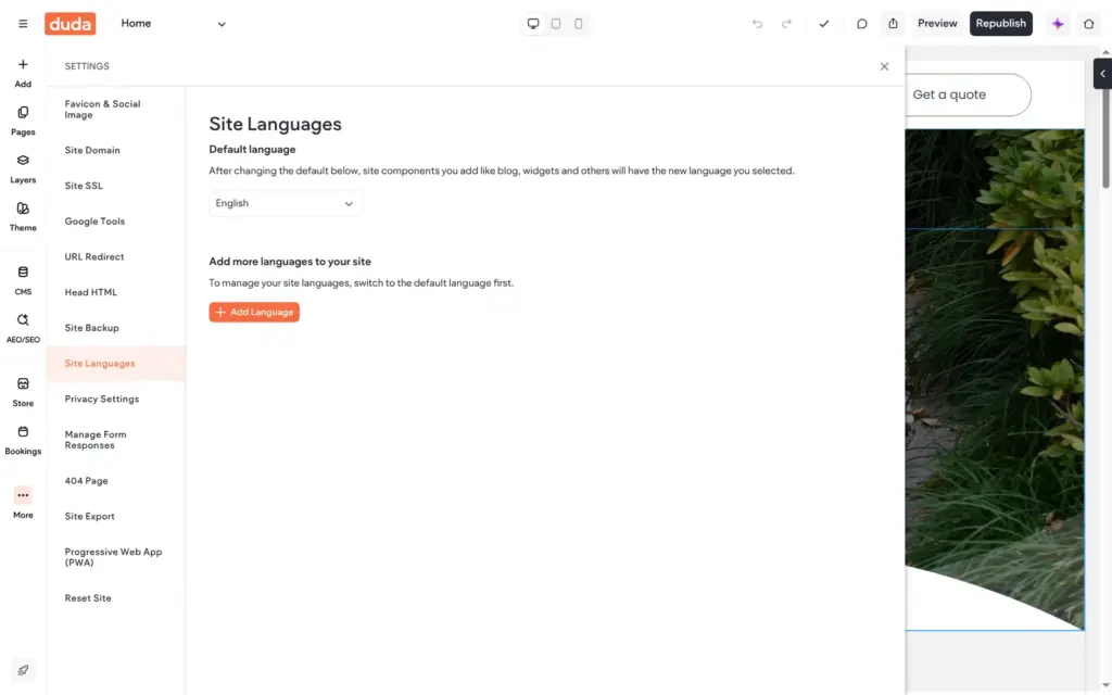 Site languages in the settings