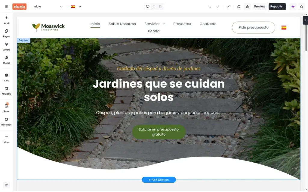 Duda editor showing the Mosswick home page translated into Spanish