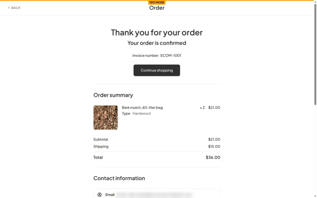 Thank you for your order page with invoice number ECOM-1001 and a total of $36