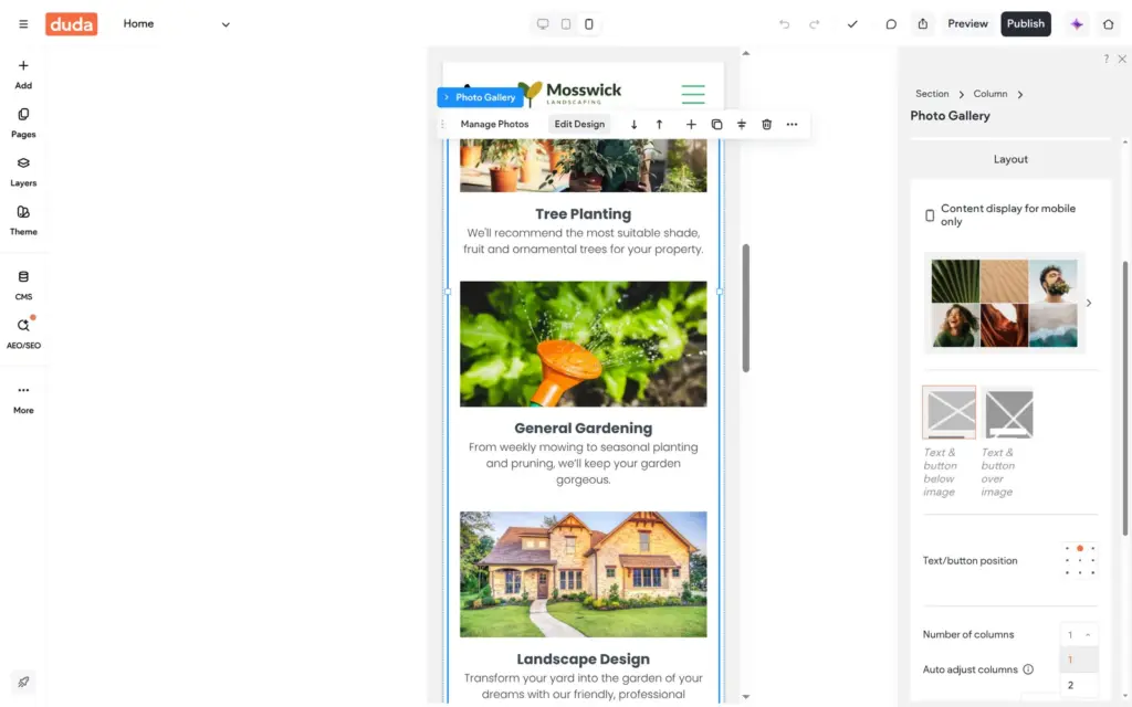 Gallery settings in the phone view