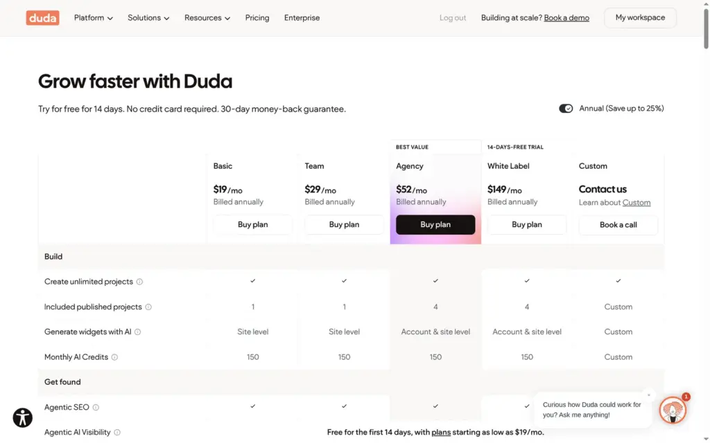 Duda's pricing page, yearly billing