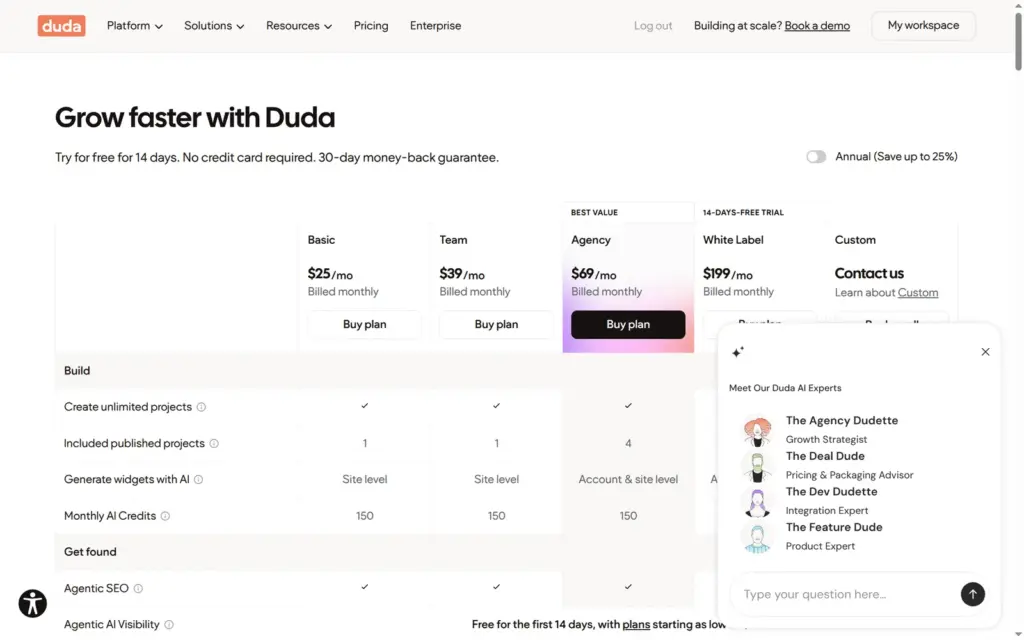 Duda's pricing page, monthly billing