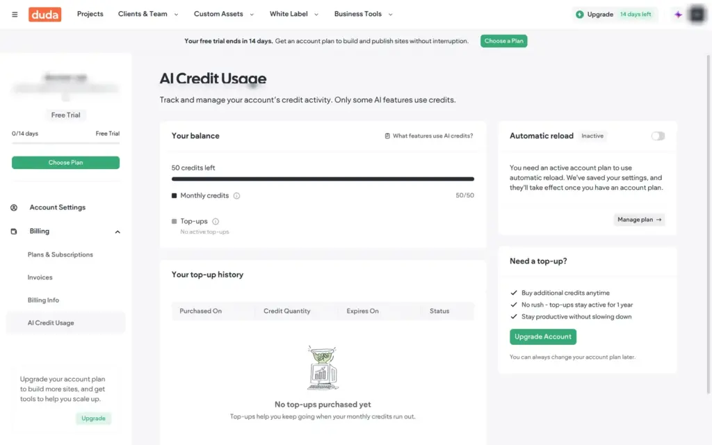 AI credits on the trial