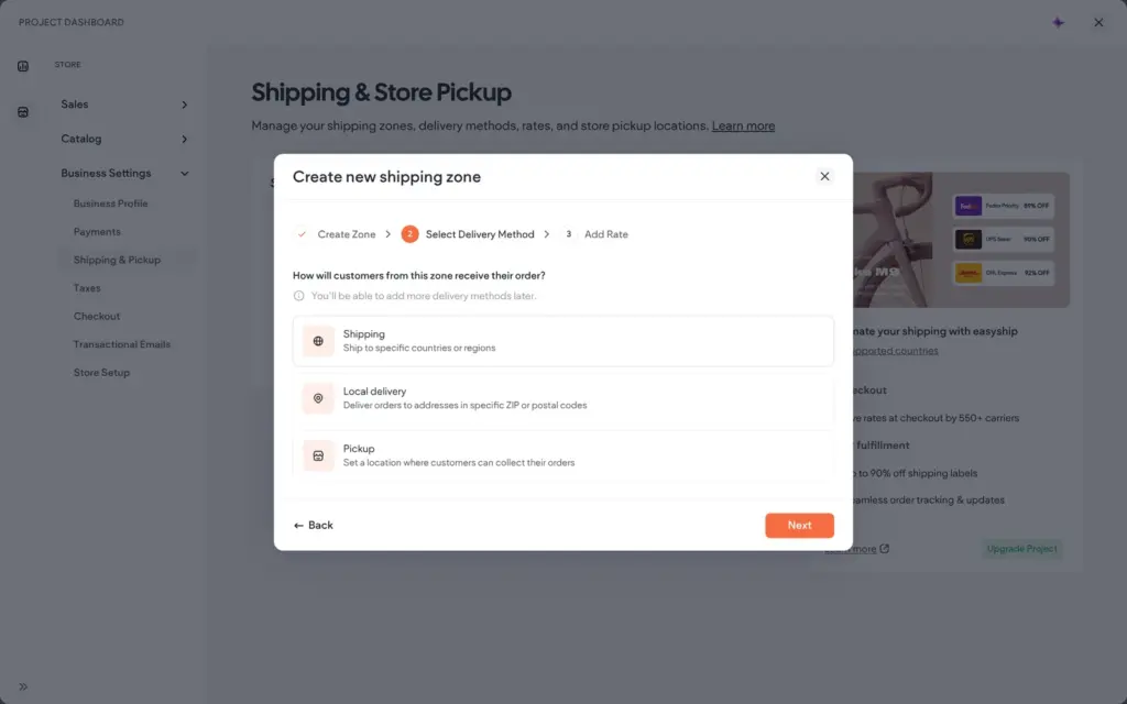 Delivery methods for a shipping zone
