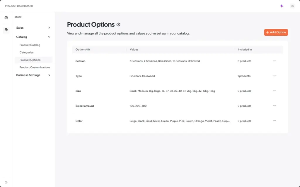Sample options from the demo store stayed in the catalog