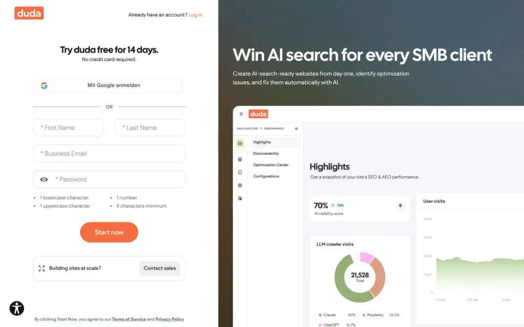The sign-up form for the 14-day trial
