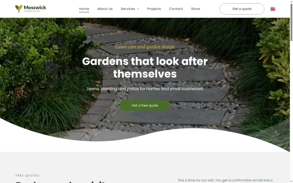 Mosswick Landscaping home page on a computer, with a stone path photo and the title Gardens that look after themselves