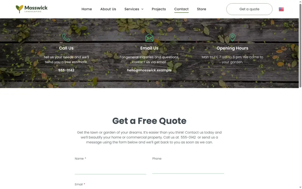 Contact page with the quote form