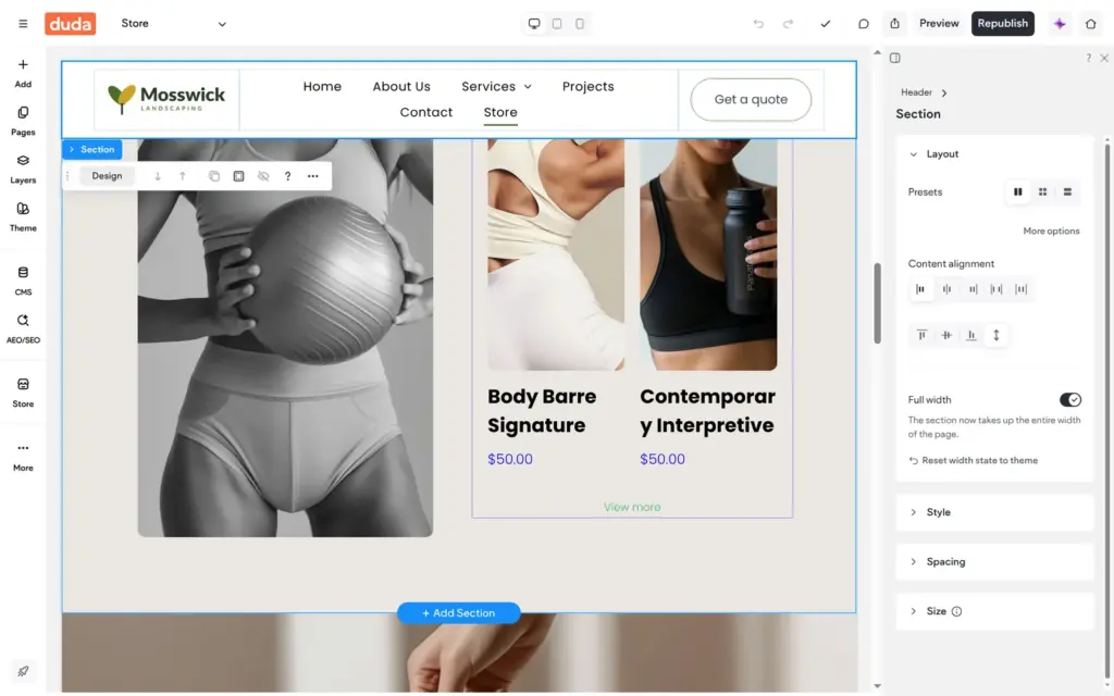 The demo store page with fitness products