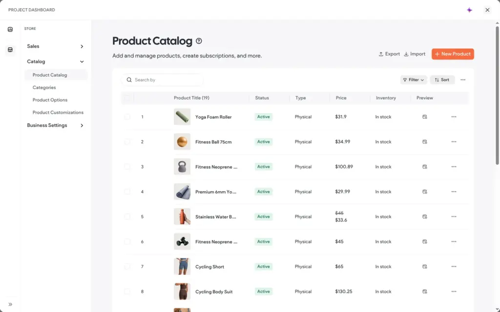 Nineteen sample products in the catalog