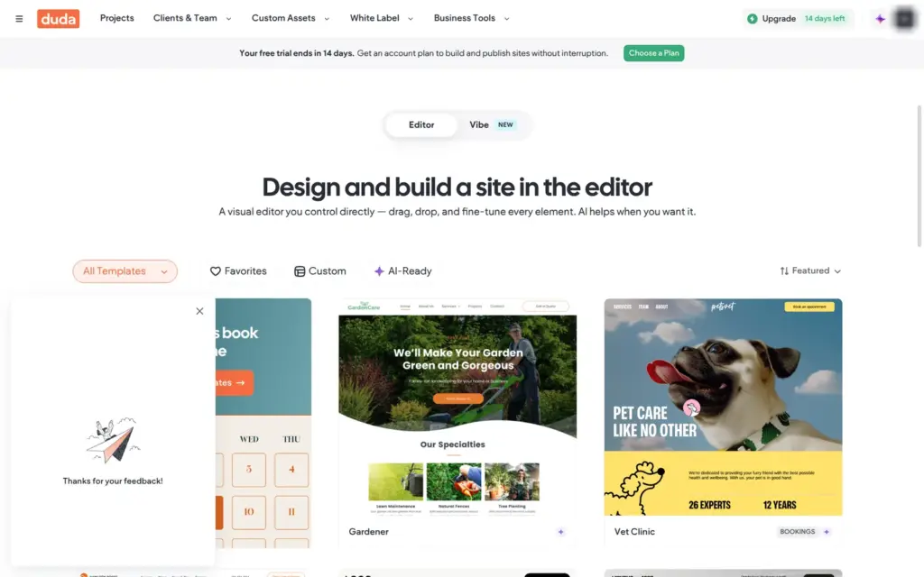 The template gallery for the Duda editor